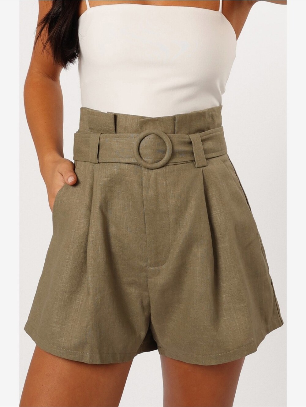Petal & Pup High-Rise Olive Green Paperbag Belted Women’s Shorts Flax Cotton